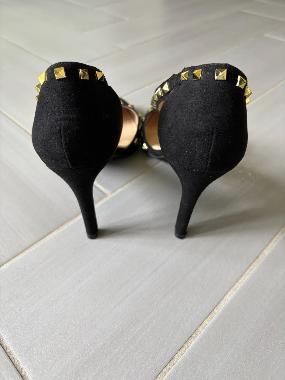 Adrienne Vittadini Newly Pump | Black Suede Pointed-Toe Heels with Gold Studs